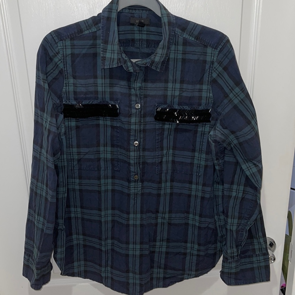 Jcrew retail plaid blouse beaded pockets 12